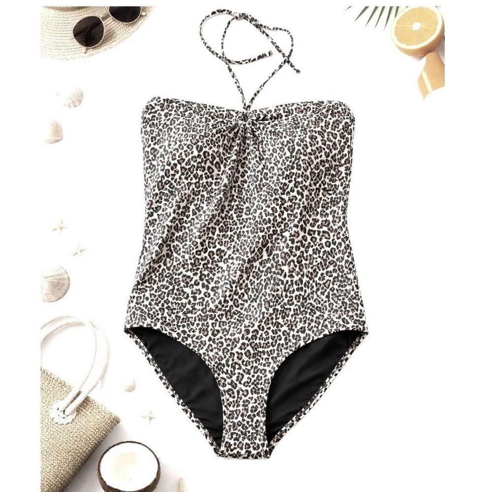 Albion Fit Women XL Leopard‎ Print One Piece Swimsuit Bandeau Halter Twist New